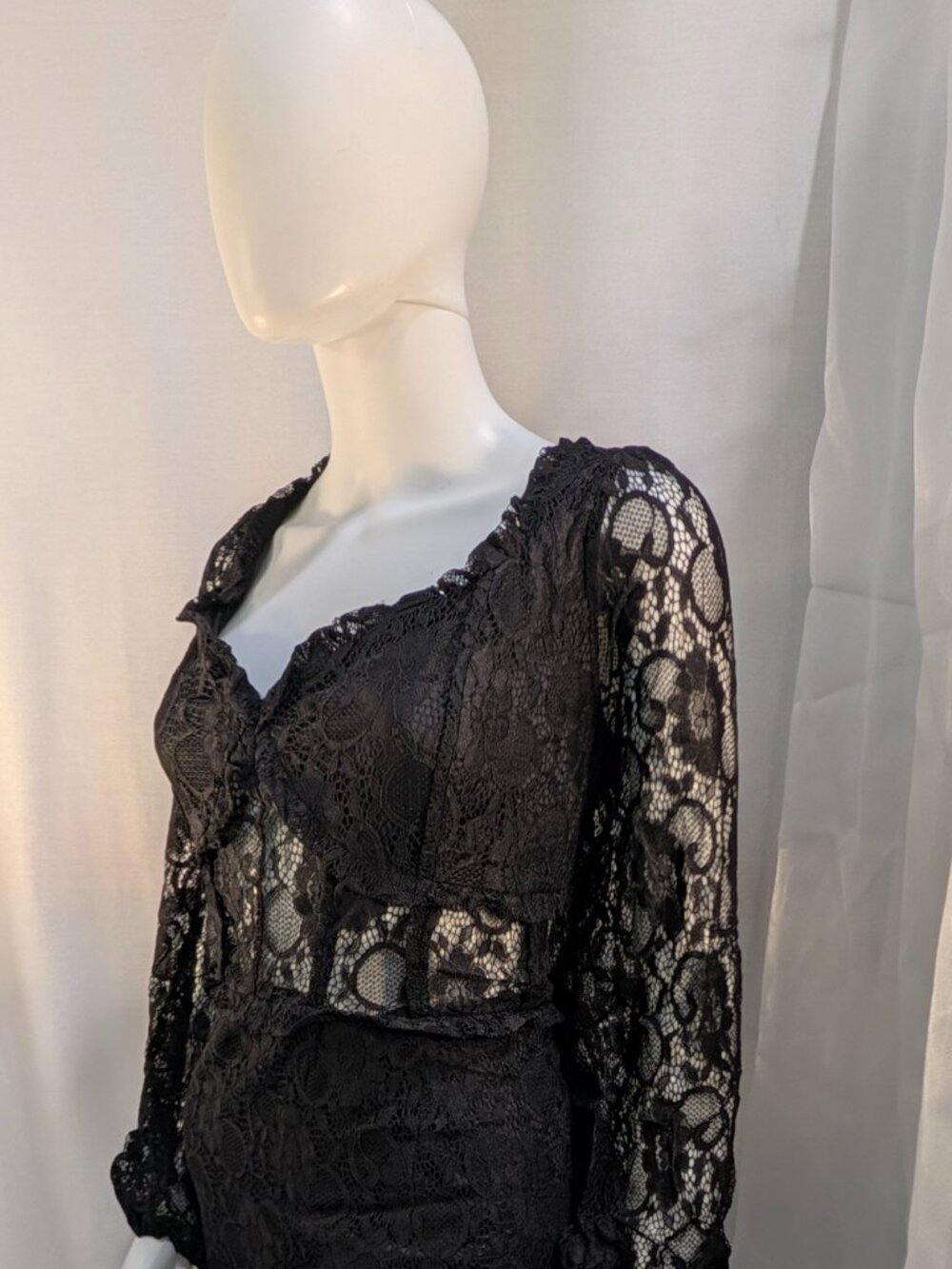 New York & Company Black Lace Dress XXL Sheer Midriff Long Sleeve Cocktail NWOT - Picture 2 of 16